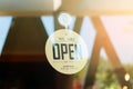 WE ARE OPEN - Open sign broad on a glass door at coffee shop Royalty Free Stock Photo