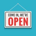 Open sign business vector shop icon. We are open door welcome board