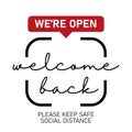 Open sign on the front door - welcome back We are working again. Keep social distance. Vector Eps 10 Royalty Free Stock Photo