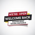 Open sign on the front door - welcome back We are working again. Keep social distance. Vector Eps 10 Royalty Free Stock Photo