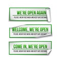 Open sign on green label - welcome back. Set of Information sign for front the door about working again.