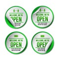 Open sign on green label - welcome back. Set of Information sign for front the door about working again. Royalty Free Stock Photo