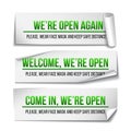 Open sign on green label - welcome back. Set of Information sign for front the door about working again. Royalty Free Stock Photo