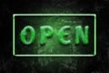 Open Sign Green Neon Light On Black Concrete Wall, 3D illustration Royalty Free Stock Photo