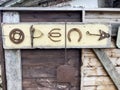 Open sign made from metal tools