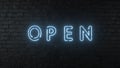 Open sign in neon light on a dark gunge brick wall. Open for business. 3d rendering