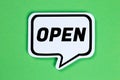 Open sign shop store cafe restaurant speech bubble communication concept Royalty Free Stock Photo