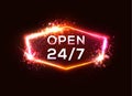 Open sign store 24 7. Retro neon sign Light letter