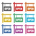 Open Sign On Wood Board icon or logo, color set Royalty Free Stock Photo