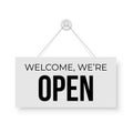 Open signboard hanged on wall. Rectangular shape clipboard for retail, shop, store, cafe, bar, restaurant. Announcement