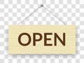 Open signboard icon. Announcement banner, information signage, board. Wooden hanging door sign for cafe, restaurant, bar