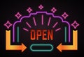 Open signs with arrows and neon lights banner