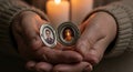 Memorys Flame Reflected on Portraits Inside an Open Silver Locket Held by Aged Hands Royalty Free Stock Photo