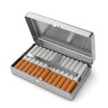 Open Silver Metal Cigarette Case Filled with Cigarettes on a White Background tobacco Royalty Free Stock Photo