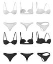 Open simple women\'s swimsuit or underwear in front, back, side views. Black and white mock up. Classic bra and bikini briefs