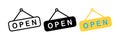 Open sing vector illustration, flat style signboard hanging with open text isolated eps 10