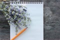 Open sketchbook with blank white paper and a bunch of lavender flowers on rustic gray wooden background with copy space. Royalty Free Stock Photo