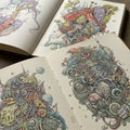 Open sketchbooks display intricate, abstract illustrations featuring a fusion of organic Royalty Free Stock Photo