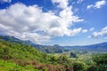 Open sky and foresty mountain below