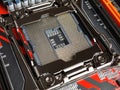 Open socket for microprocessor on motherboard close-up computer technology high-performance Royalty Free Stock Photo