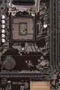 Open socket for processor on motherboard for office PC, close up