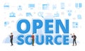 open source concept with big words and people surrounded by related icon with blue color style Royalty Free Stock Photo