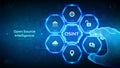 Open source intelligence. OSINT. Open data access. Open source analysis. Cyber analytics. Data gathering. Wireframe hand places an