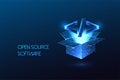 Open source software concept with glowing code symbol emerging from open box on dark blue background Royalty Free Stock Photo
