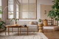 Open space interior with modular sofa, wooden coffee table, big window, beige rug, round pillow, stylish table, lamp, plants, vase