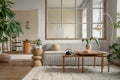 Open space interior with modular sofa, wooden coffee table, big window, beige rug, round pillow, stylish table, lamp, plants, vase