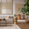 Open space interior with modular sofa, wooden coffee table, big window, beige rug, round pillow, stylish table, lamp, plants, vase