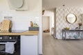 Open space kitchen interior with modern oven and spices on count