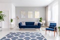 Open space living room interior with a navy blue sofa and an armchair. Rug on the floor and graphic decorations on the wall. Real