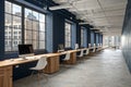 Open space office with dark blue walls and wooden desks Royalty Free Stock Photo