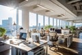 Open space office interior in modern urban building. Large tables with desktop computers, many indoor plants, panoramic Royalty Free Stock Photo