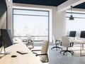 Black ceiling loft office interior, cityscape