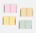 Open spiral notebook with color pages and tab dividers, mockup set