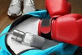 Open sports bag with gym equipment, Royalty Free Stock Photo