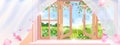 Open spring country house window vector view, rural landscape, blossom bushes, sakura petals, wooden frame.