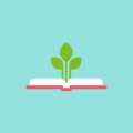 Open squared book with green sprigs and leaves. Flat icon isolated on powder blue background