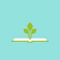 Open squared book with green sprigs and leaves. Flat icon isolated on powder blue background