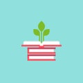 Open squared book with green sprigs and leaves. Flat icon isolated on powder blue background