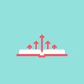 Open squared book with red up arrows. Flat icon isolated on blue background. Reading icon