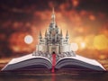 Open story book with fairy tale castle