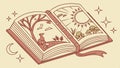 Open storybook with sun and moon, imagination and reading adventure vector design Generative AI Royalty Free Stock Photo