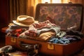 open suitcase on a bed, halfway packed with clothing and travel items Royalty Free Stock Photo