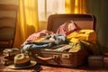 open suitcase on a bed, halfway packed with clothing and travel items Royalty Free Stock Photo