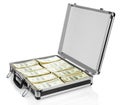 Open suitcase with dollars on white background Royalty Free Stock Photo