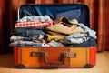 Open suitcase overflowing different clothes. Generative AI Royalty Free Stock Photo