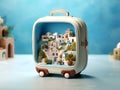 Open suitcase with white and blue island city, luxury summer vacation travel destination, AI generated Royalty Free Stock Photo